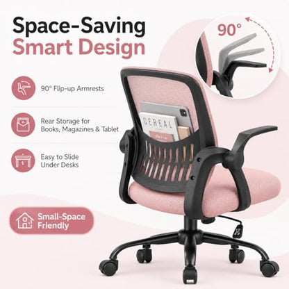 Ergonomic Office Chair, Home Office Desk Chair, Breathable Mesh Desk Chair with Adjustable Lumbar Support and Flip-up Armrests, Game Chairs, 360° Swivel Desk Chairs for Conference, Meeting Room(Pink) - color: Pink