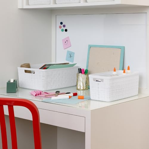 Curver Set of 8 Slim 6.8L Jute Decorative Plastic Organization and Storage Baskets - Perfect Bins for Home Office, Closet Shelves, Kitchen Pantry and All Bedroom Essentials, White - color: White, size: Slim 6.8L