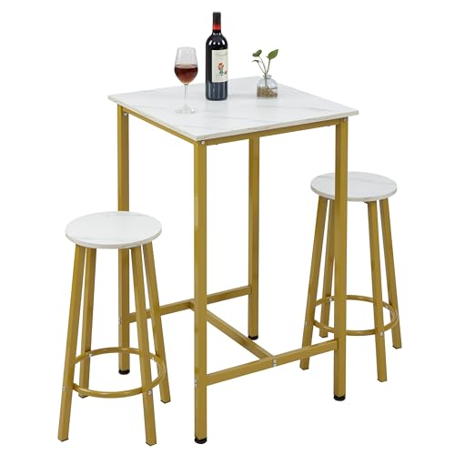 Finnhomy Bar Table Set, 23.6" Pub Table High Top Table, Square Bar Height Table, Bar Table with Stools, Kitchen Table Set for 2, Industrial Breakfast for Kitchen, Living Room, Gold - color: Gold, size: Bar Table+2Stools