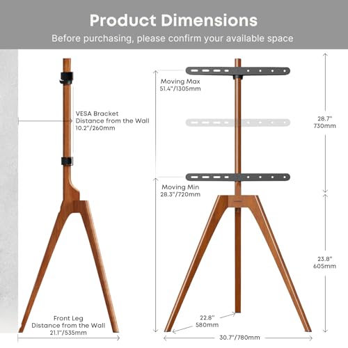 PUTORSEN Solid Wood Easel TV Stand for 45-65'' TVs, Hidden Cable, Walnut | Stability, Easy to Assemble, Top Shelf, Swivel, Tripod TV Stand, Max VESA 400x400, Max holds 88lbs, Living room, Corner