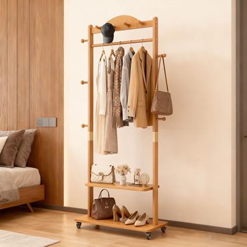 Natural Solid Wood Coat Rack Freestanding with Wheels - Heavy Duty Clothes Rack with 2 Storage Shelves & 9 Hooks, Wooden Coat Rack Stand Hat Hanger Rack for Bedroom Entryway Living Room Hotel - color: Wood