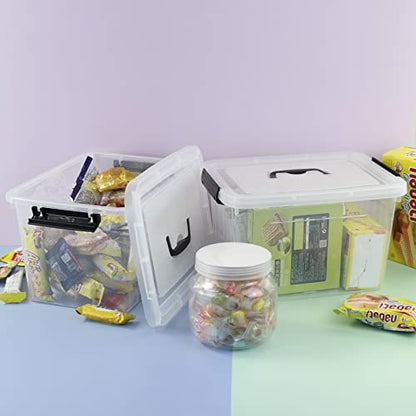 10 L Plastic Clear Storage Box, Plastic Latching Box with Lid, 6-PACK | Clear Design, Locking Latch Lid, Convenient Top Handle, Sturdy Plastic, Multi-Purpose Storage Bin, for Home Office Closet Use - size: 10 L