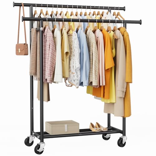HYSEYY Double Rods Clothes Rack for Hanging Clothes, Rolling Metal Garment Rack with Wheels for Bedroom Laundry Living Room.39 L x 16.5" W x 60.23" H.