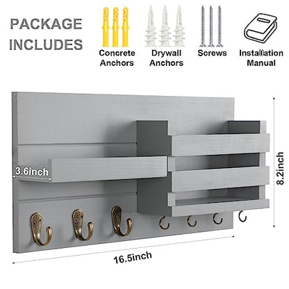 Lwenki Mail Organizer for Wall Mount – Key Holder with Shelf Includes Letter Holder and Hooks for Coats, Dog Leashes – Rustic Wood with Flush Mounting Hardware (16.5” x 8.7” x 3.5”) (Gray) - color: Gray