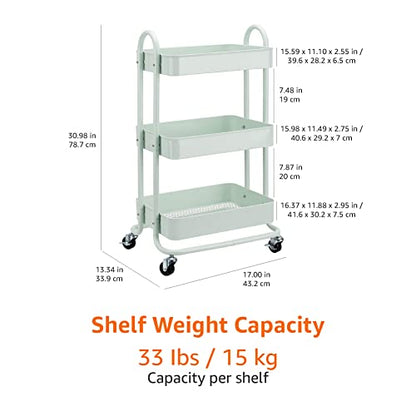 Amazon Basics 3-Tier Metal Rolling Utility Cart, Storage Organizer, Multi-Functional Kitchen Island Cart, Portable Shelving Unit with Caster Wheels, Mint Green - color: Mint Green