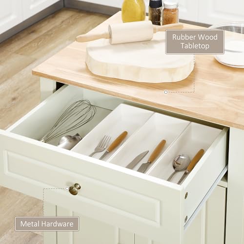 HOMCOM Rolling Kitchen Island Cart, Drawer & Adjustable Shelf, Cream White | Portable Serving Trolley Table, 2 Towel Racks - color: Cream White