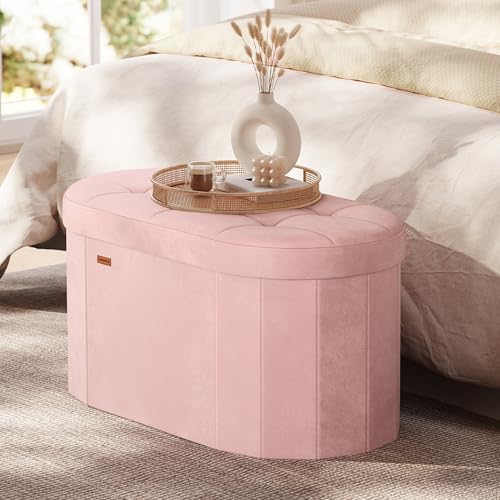 SONGMICS Mazie Collection - Folding Ottoman with Storage, Oval Storage Ottoman Bench, for Living Room, Bedroom, Velvet Fabric, 15 x 30 x 15 Inches, Jelly Pink ULSF267SA01 - color: Jelly Pink, size: 15"D x 30"W x 15"H, style: Oval