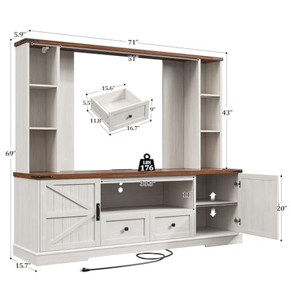 EnHomee Farmhouse Entertainment Center for 60" TV with LED & Power Outlets | Tall TV Console Wood TV Stand with Storage Shelves,Bookshelf for Living Room, Bedroom, White - color: White