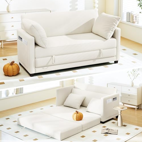 Myroyalsit 65" Convertible Loveseat Sofa Bed, 2-in-1 Folding Sofa Bed with 2 Pillow for Small Spaces, Modern Loveseat Sleeper Couch for Apartment, Living Room & Guest Room (Beige Chenille, 65 inch) - color: Beige Chenille, size: 65 inch