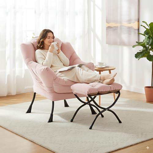 Lazy Chair with Ottoman, Comfy Accent Reading Chair, Velvet Pink | Foldable Footrest,Removable Cover,with Armrests and Side Pockets,Upholstered Lounge Chair for Bedroom,Dorm,Office,Small Space - color: Velvet Pink