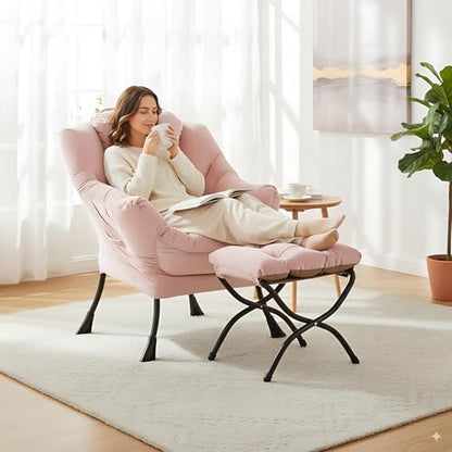 Lazy Chair with Ottoman, Comfy Accent Reading Chair, Velvet Pink | Foldable Footrest,Removable Cover,with Armrests and Side Pockets,Upholstered Lounge Chair for Bedroom,Dorm,Office,Small Space - color: Velvet Pink