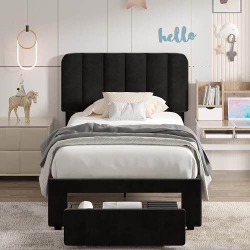VECELO Twin Size Upholstered Bed Frame with Drawer and Headboard, Velvet Platform Storage Bedframe, Wooden Slats Support, No Box Spring Needed,Black - color: Black, size: Twin, style: Bed Frame with Drawer