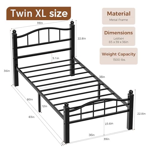 Metal Twin XL Bed Frame with Headboard | Modern Headboard and Footboard,Noise-Free Design, 12" Underbed Storage,No Box Spring Needed, Tool-Free Assembly - color: Twin XL Black