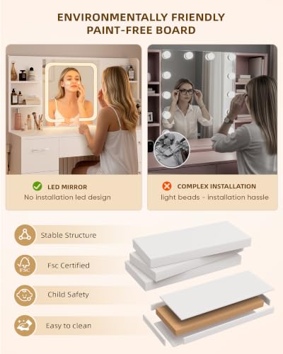 LIVELYGLOW 43" Large White Makeup Vanity Desk with Charging Station | Smart LED Mirror, Hairdryer Holder, 7 Drawers, 4 Shelves - color: White