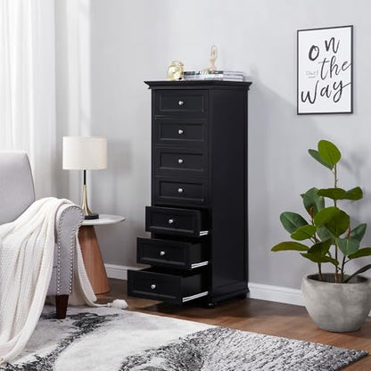 Tall Black Dresser for Bedroom with 7 Drawers, 52" Tall Skinny Dresser | Modern Black Tall Chest of Drawers Dresser，Wooden Lingerie Dresser Tall Narrow，Crown Molding and Solid Wood Ball Legs - color: Black