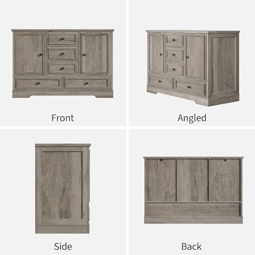 GarveeHome 47" Farmhouse Sideboard Buffet Cabinet, Sideboard Storage credenza with 5 Drawers and 2 Doors, Wood Coffee Bar Cabinet, Buffet Table for Dining Room Living Room, Grey - color: Grey