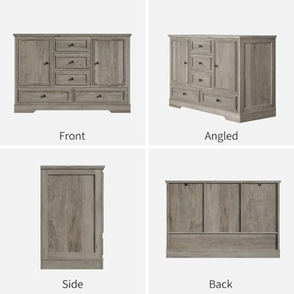 GarveeHome 47" Farmhouse Sideboard Buffet Cabinet, Sideboard Storage credenza with 5 Drawers and 2 Doors, Wood Coffee Bar Cabinet, Buffet Table for Dining Room Living Room, Grey - color: Grey