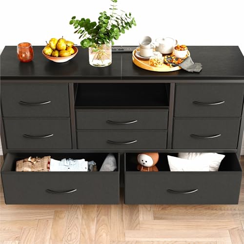 8-Drawer LED Dresser TV Stand with Power Outlet for 55'' TV - Wide Storage Chest for Bedroom, Living Room & Entryway, Wood Top Console Table with 22 Light Modes - color: Black