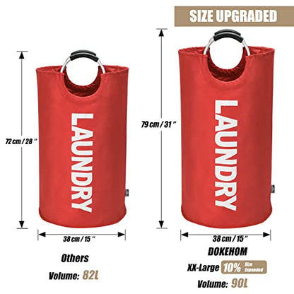 DOKEHOM 90L Large Laundry Basket Bag, Collapsible Tall Hamper, Red | Freestanding tall washing bin & foldable laundry bag. High-capacity clothes storage basket with durable sturdy handles - color: Red, size: 90L