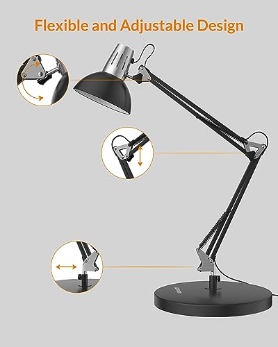 LEPOWER Metal Adjustable Desk Lamp with Clamp, Swing Arm for Home Office | Gooseneck, Architect Style, Eye-Caring Table Lamp, On/Off Switch, E26 Base, Reading for Dorm, Bedroom, Study, Back to School - color: Black