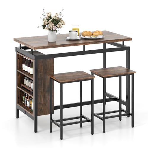 GIANTEX 3-Piece Dining Table Set - Counter Height Dining Table Set with 2 Bar Stools, 3-Tier Storage Shelf, Space-Saving Breakfast Nook Table Set for Small Places, Kitchen Table Chairs Set for 2