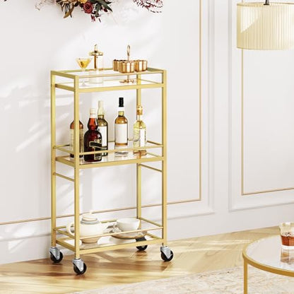 MAHANCRIS Bar Cart for The Home, 3-Tier Drink Cart on Wheels, Home Bar Serving Cart, Mini Bar Cart for Small Space, Kitchen, Dining Room, Gold RCJ40B01 - style: Stylish