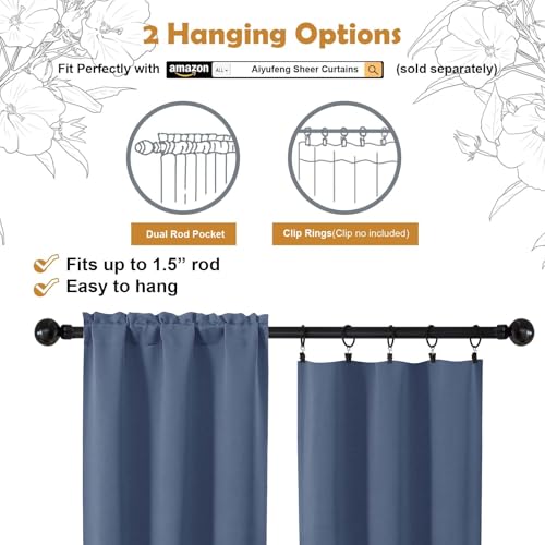 Aiyufeng Denim Blue Short 36 Inches Blackout Curtain 2 Panels Set, Half Window Rod Pocket Privacy Curtain Tiers for Kitchen, Curtains Blackout for Bathroom Shades, W40 x L36 Inch, Denim Blue - color: Denim, size: 40"W x 36"L (Pack of 2)