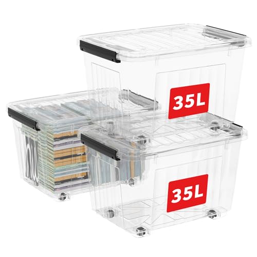 Cetomo 40Qt*3 Plastic Storage Bins, Storage Box, 3 Pack, Organizing Container with Wheels, Durable Lids and Secure Latching Buckles, Stackable and Nestable, Clear with Black Buckle - size: 35L*3
