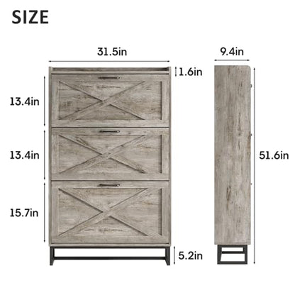 Maupvit Shoe Storage Cabinet with 3 Flip Drawers, Freestanding Organizer with Metal Legs for Entryway, Narrow Shoe Rack Cabinet, Light Rustic Oak - color: Light Rustic Oak, style: 3-Drawers