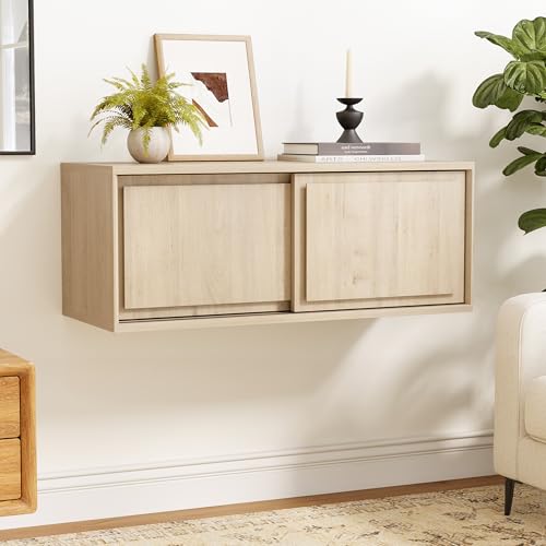 Modern Floating TV Stand, Accent Nightstands Wall Mounted Bedside Table Handless Storage Cabinet with Sliding Doors for Living Room Bedroom, Light Oak - color: Light Oak, size: 1PC