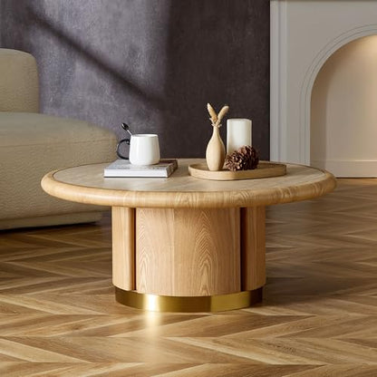 35.43" Round Coffee Table with Sintered Stone Tabletop & Cylindrical Stainless Base, Modern Circle Center Table Tea Table for Living Room, Easy Assembly - Natural - color: 35.43" Coffee Table With Sintered Tabletop, Natural