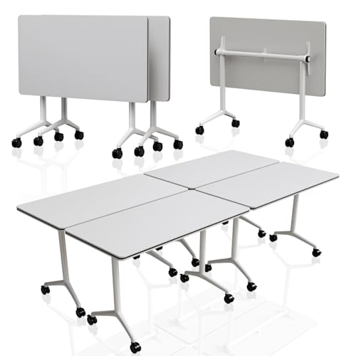 Folding Conference Table with Wheels Set of 6, Modular Conference Room Table for 6-12 Person Meetings, Flip Top Rolling Training & Classroom Tables, Nesting Office Tables - color: White, size: 55.1 in