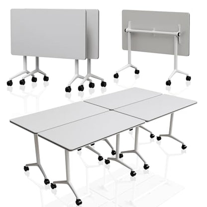 Folding Conference Table with Wheels Set of 6, Modular Conference Room Table for 6-12 Person Meetings, Flip Top Rolling Training & Classroom Tables, Nesting Office Tables - color: White, size: 55.1 in