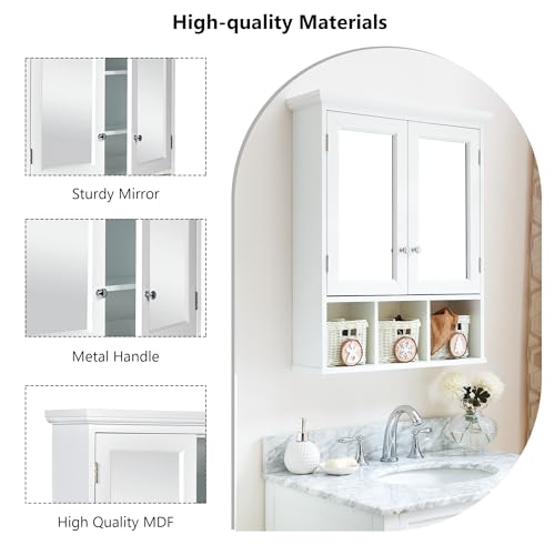 Medicine Cabinet, Bathroom Organiser, Wall Mounted Bathroom Cabinet with Mirror with 2 Adjustable Shelves and 3 Storage Baskets for Laundry Room, Kitchen