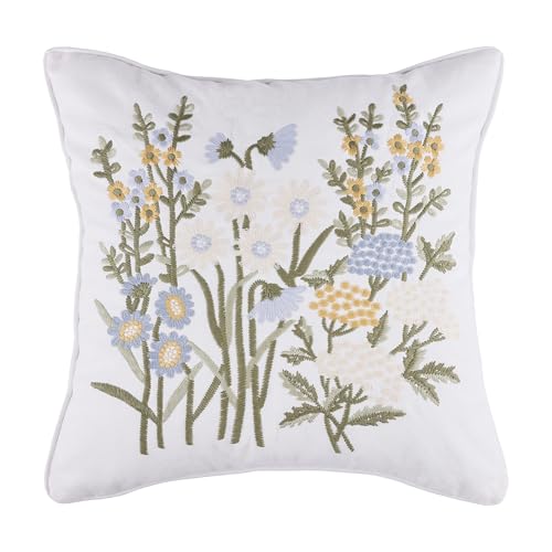 Levtex Home - Viviana Embroidered Pillow - 18x18in Decorative Pillow - Floral Embroidered Pattern - Reversible - Feather Filled - color: Blue, size: 18" x 18" (Pack of 1)
