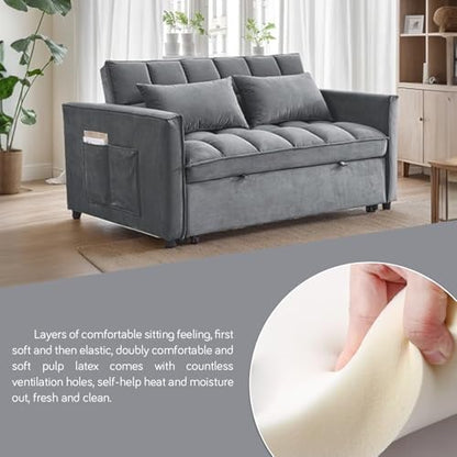 3 In 1 Velvet Convertible Sofa Bed, Pull Out Couch Bed with Reclining Backrest And 2 Pillows, 54" Full Size Loveseat Sleeper Sofa Futon Couch Beds, Couches For Small Spaces, Living Room (Medium Grey) - color: Medium Grey