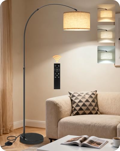 75" Arc Floor Lamp with Marble Base and Adjustable Height, Rotating Hanging Shade, Dimmable Floor Lamp for Living Room with Remote and Foot Switch, 3CCT, Over Couch Arched Reading Light E15LD05 - color: Black + Beige