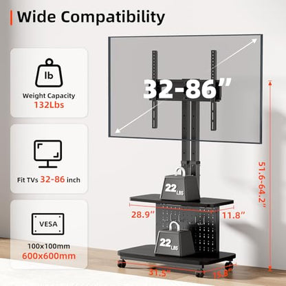 Mobile TV Cart on Wheels,Height Adjustable Rolling TV Stand for 32-85 inch TVs,with 5-Level Lift,35° Swivel,Portable Media Cart for Office,Outdoor | Height Adjustablewith 5-Level Lift,35° Swivel,Dual Shelves & Pegboard Storage,Portable Media Cart for Home