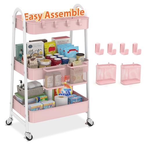 Sekey 3 Tier Rolling Cart, Hanging Cups, Hooks, Heavy Duty Mesh Rolling Storage Cart Organizer with 2 Lockable Wheels for Bathroom, Kitchen, Office, Craft, Makeup, Baby Essentials, Pink - color: Pink
