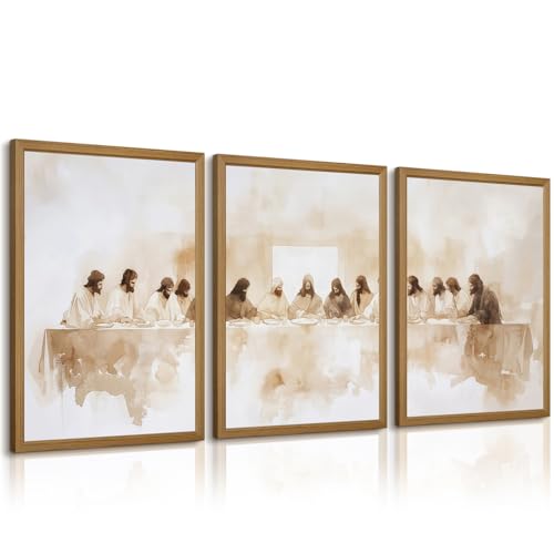 Jesus Wall Art Set of 3 Last Supper Wall Decor Christian Canvas Wall Art Religious Pictures Bible Renaissance Painting Leonardo Da Vinci Poster for Dining Room Living Room 12x16 Inch Wood Framed - color: Last Supper Prints, size: 12x16 Inch Framed