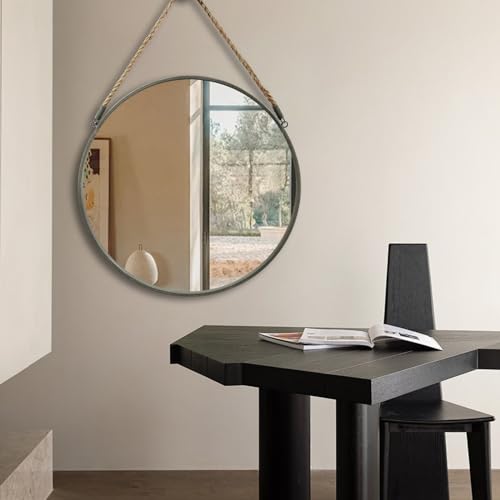 POZINO 24 Inch Round Mirror with Grey Metal Frame, Hanging Mirror for Wall | Circle HD Mirror with Jute Rope, Anti-Rust, Farmhouse Decorative Wall Mirror for Entryway, Living Room, Fireplace, Bathroom - color: Grey, size: 24"L x 24"W