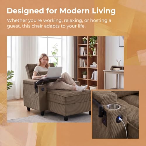 Convertible Sleeper Chair, Pull Out Sofa Bed with Adjustable Backrest & Hidden Storage Armrest, Single Sofa Recliner with USB Charging Port & Cup Holders for Living Room, Bedroom, Coffee - color: C-coffee-l2