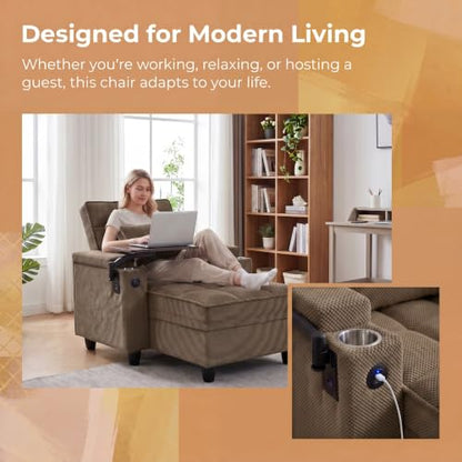 Convertible Sleeper Chair, Pull Out Sofa Bed with Adjustable Backrest & Hidden Storage Armrest, Single Sofa Recliner with USB Charging Port & Cup Holders for Living Room, Bedroom, Coffee - color: C-coffee-l2
