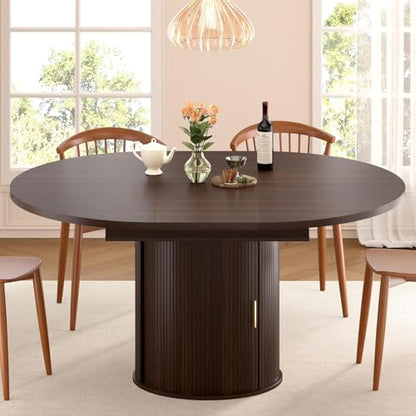 Extendable Round Dining Table: 47″–63″ Kitchen Table for 4 6 8 with Dust-Proof 2-Tier Storage Shelf Space Saving, Modern Farmhouse Expandable Wood Oval Circle Dinner Furniture with Pedestal Base
