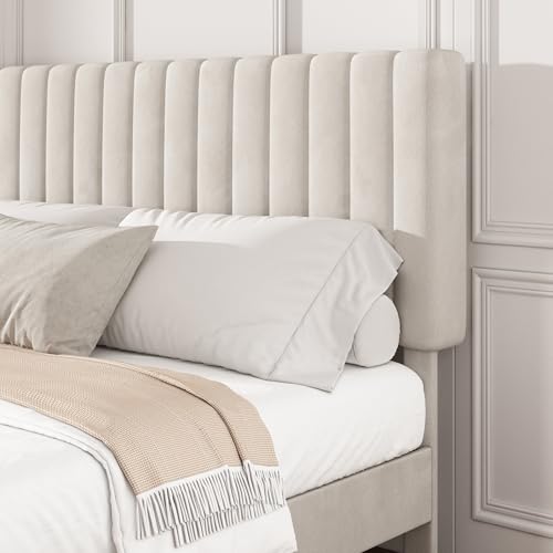 Queen Velvet Bed Frame with Vertical Channel Tufted Headboard Beige | Upholstered Platform Bed, No Box Spring Needed, Noise-Free, Strong Wooden Slat, Durable Metal Frame, Easy Assembly - color: Beige, size: Queen