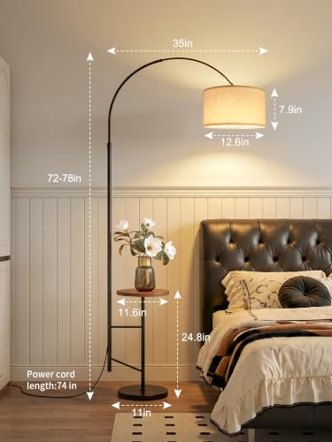 Arc Floor Lamp with Side Table, Adjustable Linen Shade Fishing Standing Lamp for Living Room Bedroom