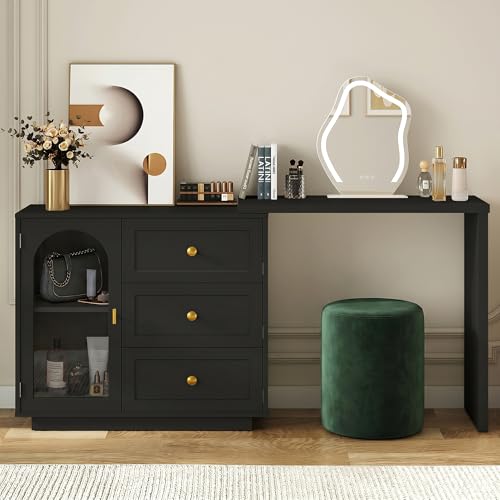 RoyalCraft 59" Makeup Vanity Desk, Black Vanity Dresser for Girls and Women | Modern Dressing Table with 3 Drawers & 1 Door, Vanity for Bedroom, L Sharped Corner Table No Mirror - color: Black
