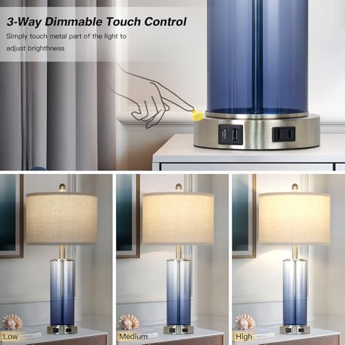 26" Coastal Blue Glass Table Lamps Set of 2, 3-Way Dimmable Touch Control Bedroom Lamp with USB C+A Ports & AC Outlet, Elegant Living Room Lamp, Nautical Bedside Lamps for Nightstand Side End Table - color: Blue