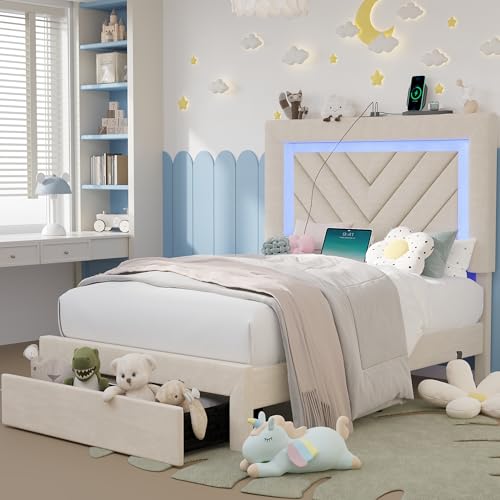 Twin Size Bed Frame with Adjustable Headboard and Storage Drawer, Upholstered Bed Frame Twin with RGB LED Lights and Charging Station, Easy Assembly, No Box Spring Needed, Off White - color: Off White, size: Twin