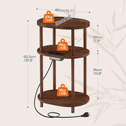 HOOBRO Small Side Table with Charging Station, 3-Tier Oval Bamboo End Table, Accent Table, Compact Sofa Bedside Table for Small Space, for Living Room, Bedroom, Apartment, Mocha MA177UBZ01 - color: Mocha